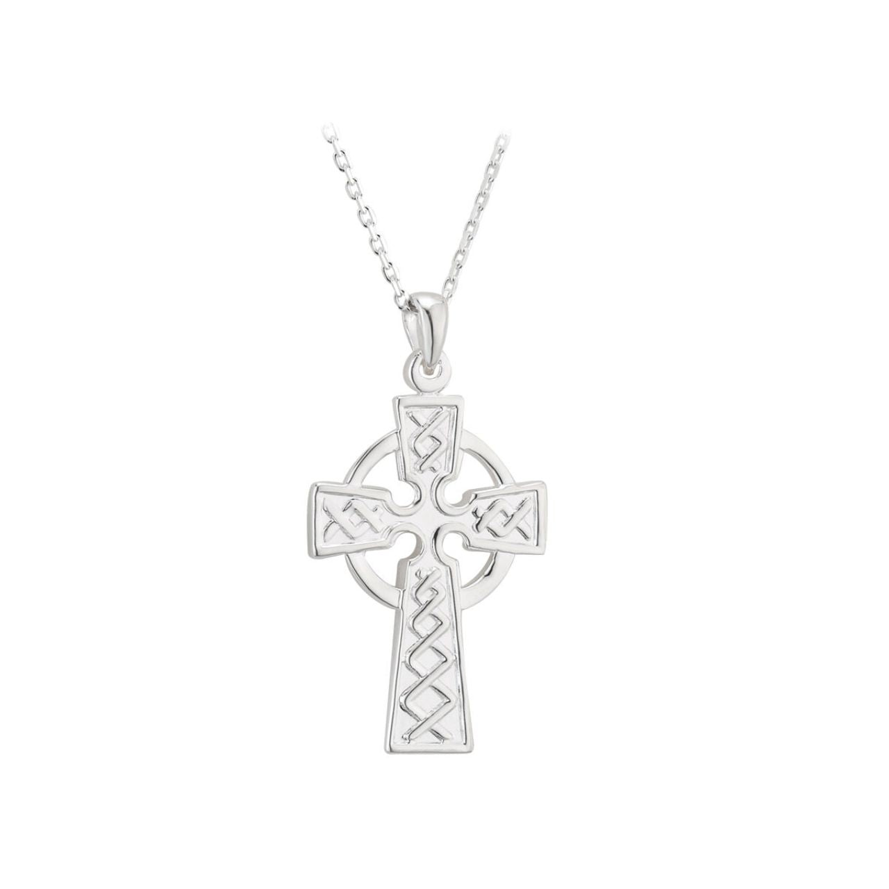 Sterling Silver Embossed Celtic Cross Pendant  The Celtic Cross in this pendant dates back to the ninth century and creates a strong connection with the wearer’s faith as well as with Irish tradition. Our expert designers have crafted an unrivalled collection of Celtic Crosses, and this striking sterling silver version has been engraved with Celtic knot-work. This cross pendant has been Irish hallmarked in Dublin Castle. The pendant's outer circle is also meaningful, representing eternity.