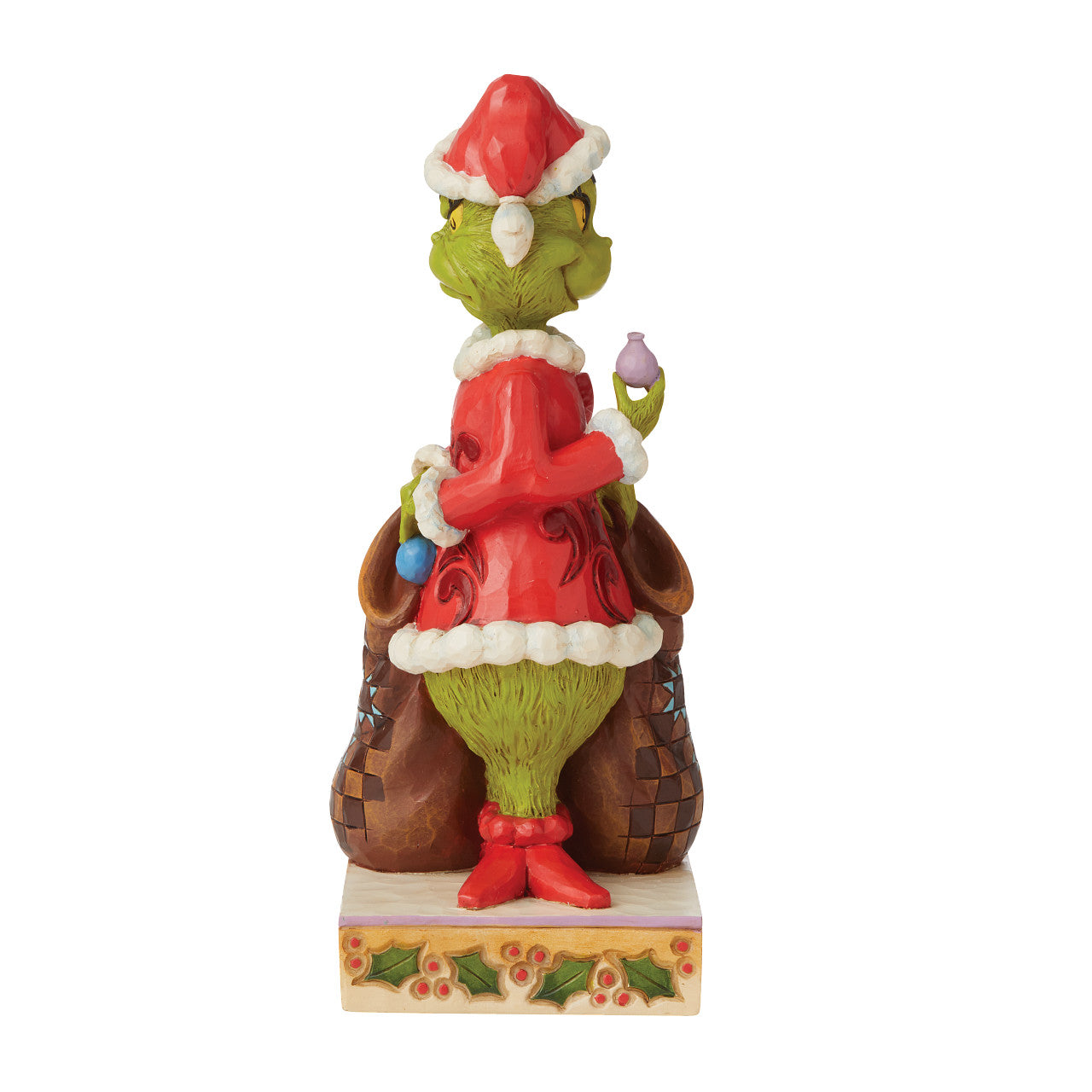 Jim Shore The Grinch Naughty and Nice Figurine   The Grinch is a classic story of a humbug turned holiday hero. Exemplifying both Naughty and Nice, this Jim Shore dual figured effigy shares both sides of the story. One side showing a frowning Grinch stealing ornaments, while the other smiles with love.