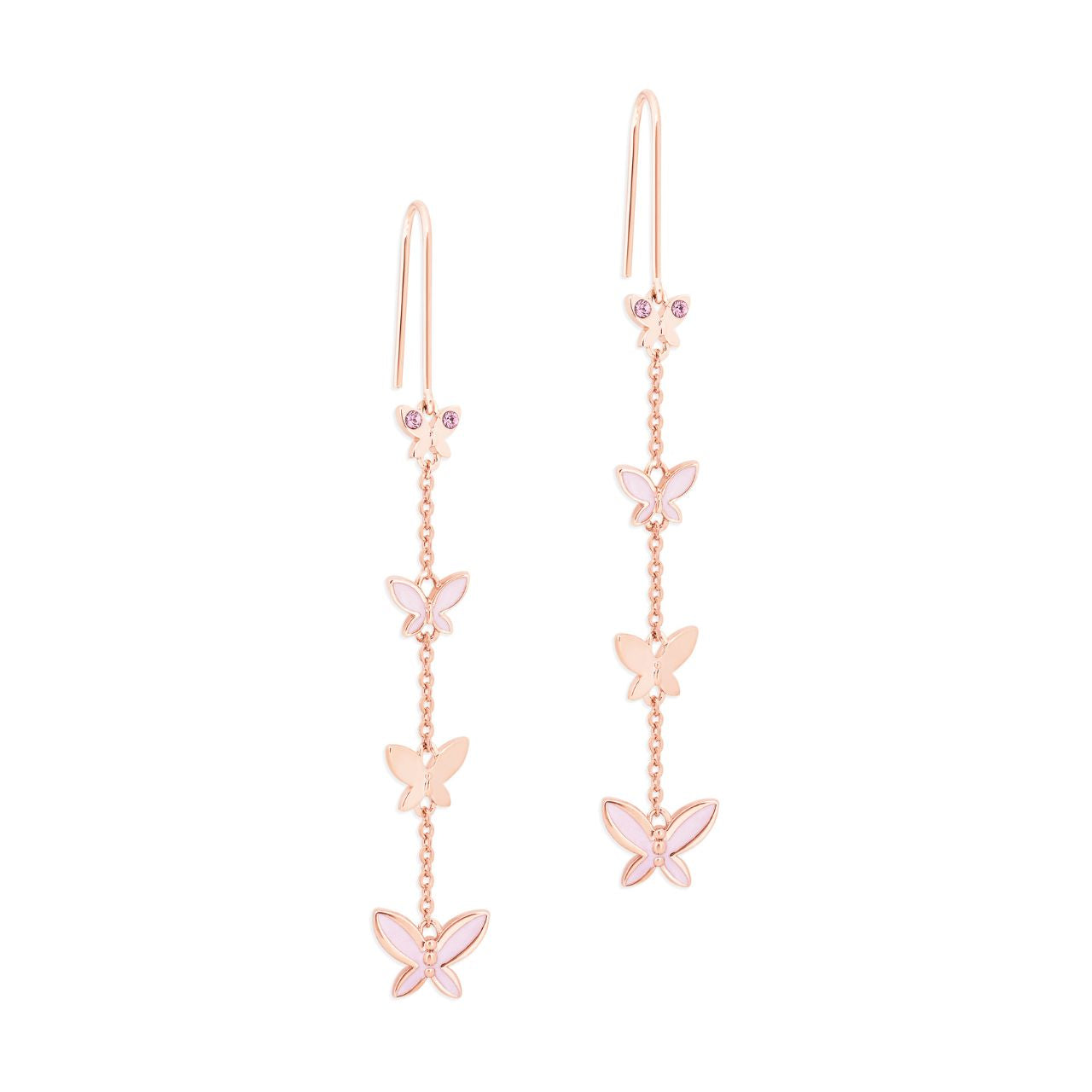 Tipperary Crystal Butterfly Chain Drop Earrings  Four butterflies hanging on the cable chain. Crafted in sleek polished rose gold with pearlescent pink enamel infill and light pink sparkly CZs. They hang comfortably on a French hook.