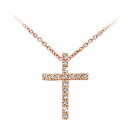 Tipperary Crystal Rose Gold Fine Cross Pendant  Expertly crafted in precious rose gold, this traditional cross is an elegantly subtle expression of faith. It is completely lined with a single row of glittering clear crystal accents. Each small crystal has been cut to add sparkle and brilliance to this simple yet symbolic pendant. The cross is finished with a polished shine and suspends freely along a rose gold cable chain which secures with a durable lobster claw clasp.