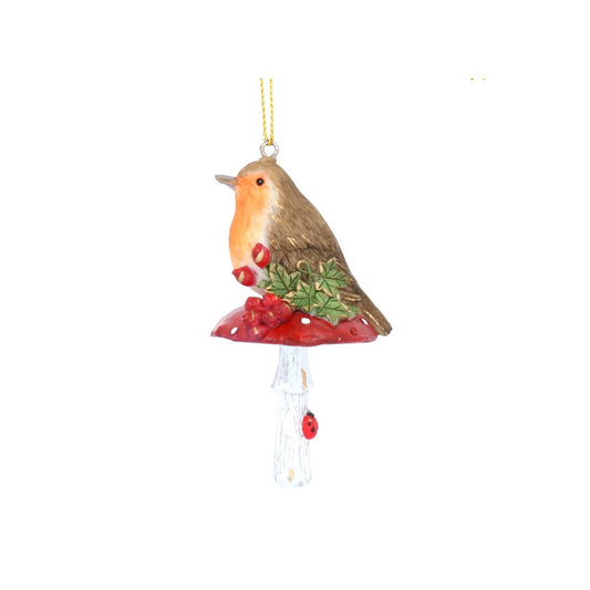 Gisela Graham Toadstool with Robin Christmas Hanging Ornament - Red Berry  Browse our beautiful range of luxury Christmas tree decorations, fairy & ornaments for your tree this Christmas.  Add style to your Christmas tree with these elegant Christmas resin Toadstool with Robin decorated with lady bird and red berries.