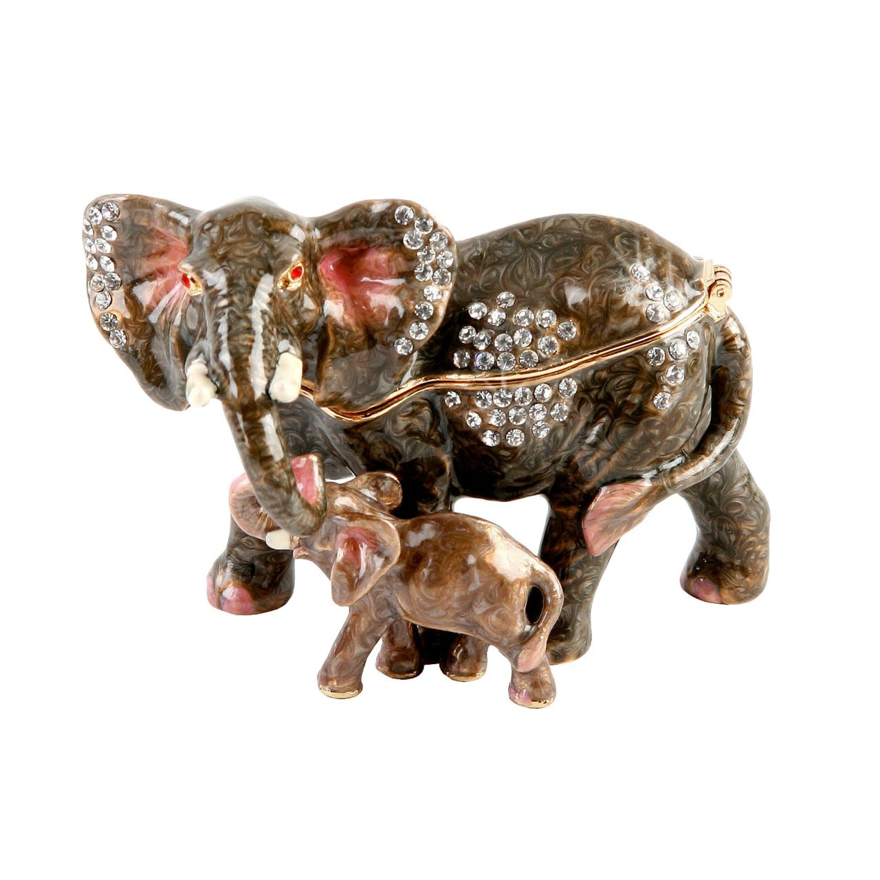 Treasured Trinkets - Elephant and Calf  A beautiful, hand painted and crystal finished elephant trinket box from Treasured Trinkets.  Decorated with crystal patterns, this colourful trinket box is a wonderful ornament to complement a mantelpiece, bookcase or cabinet.