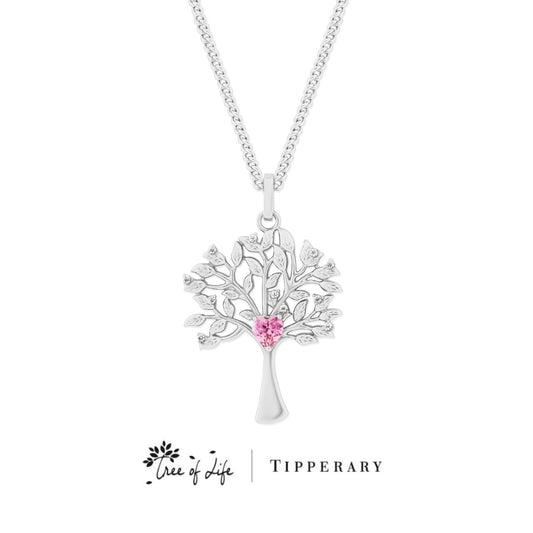 Tipperary Crystal Silver Tree of Life Pendant With Pink Heart CZs  The tree of life is a symbol of a fresh start on life, positive energy, good health and a bright future. The symbolism of the Tree of Life is ultimately about the forces of nature combining to create balance and harmony. The branches reach for the sky, the roots reach down into the ground.